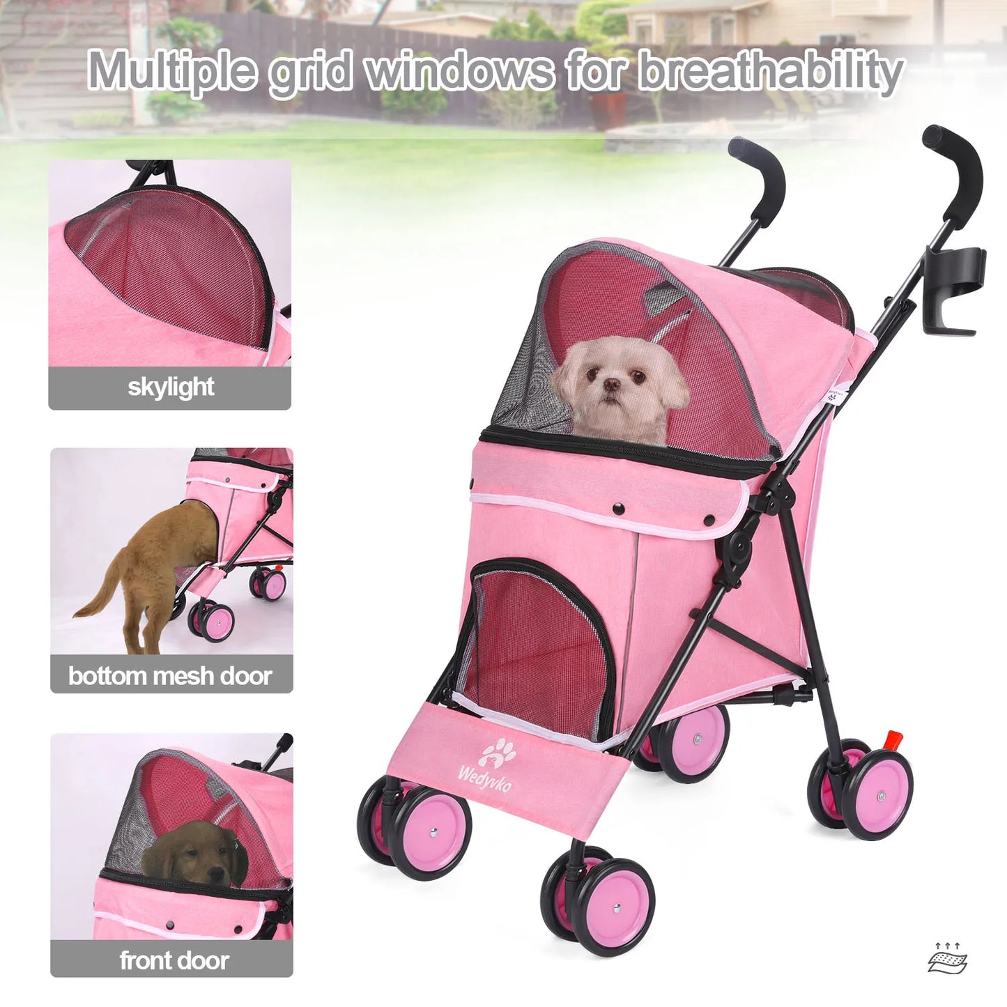 Pet Dog Stroller 4 Wheels Rotating Brakes Storage Travel