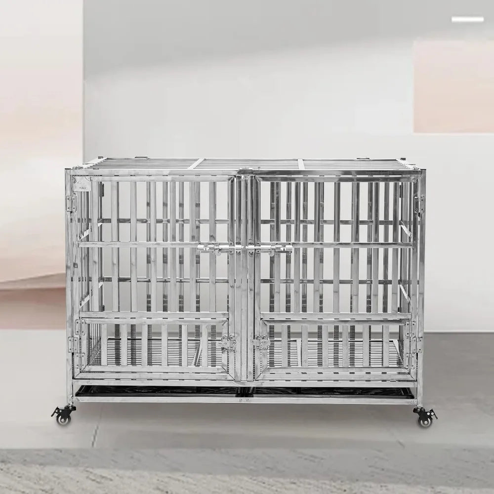 48 Inch Heavy Duty Foldable Stackable Stainless Steel Dog Cage with Floor Grid Tray and Divider - Joanie B 25