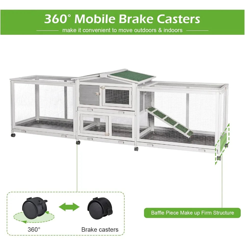 94.5 Inch Rabbit Hutch with Eight Wheels Two Run Wooden Bunny Cage Outdoor Small Animal House with Removable Features - Joanie B 25