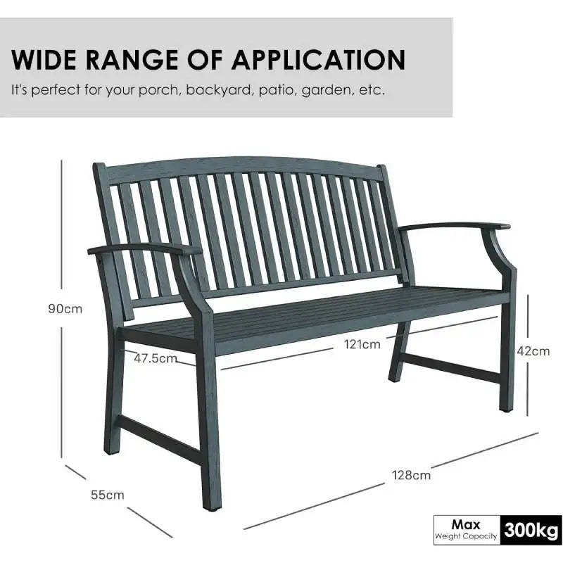 52 Inch Farmhouse Outdoor Bench Garden Bench with Faux Wood Grain Finish Frame and Aluminum Backrest for Front Porch - Joanie B 25