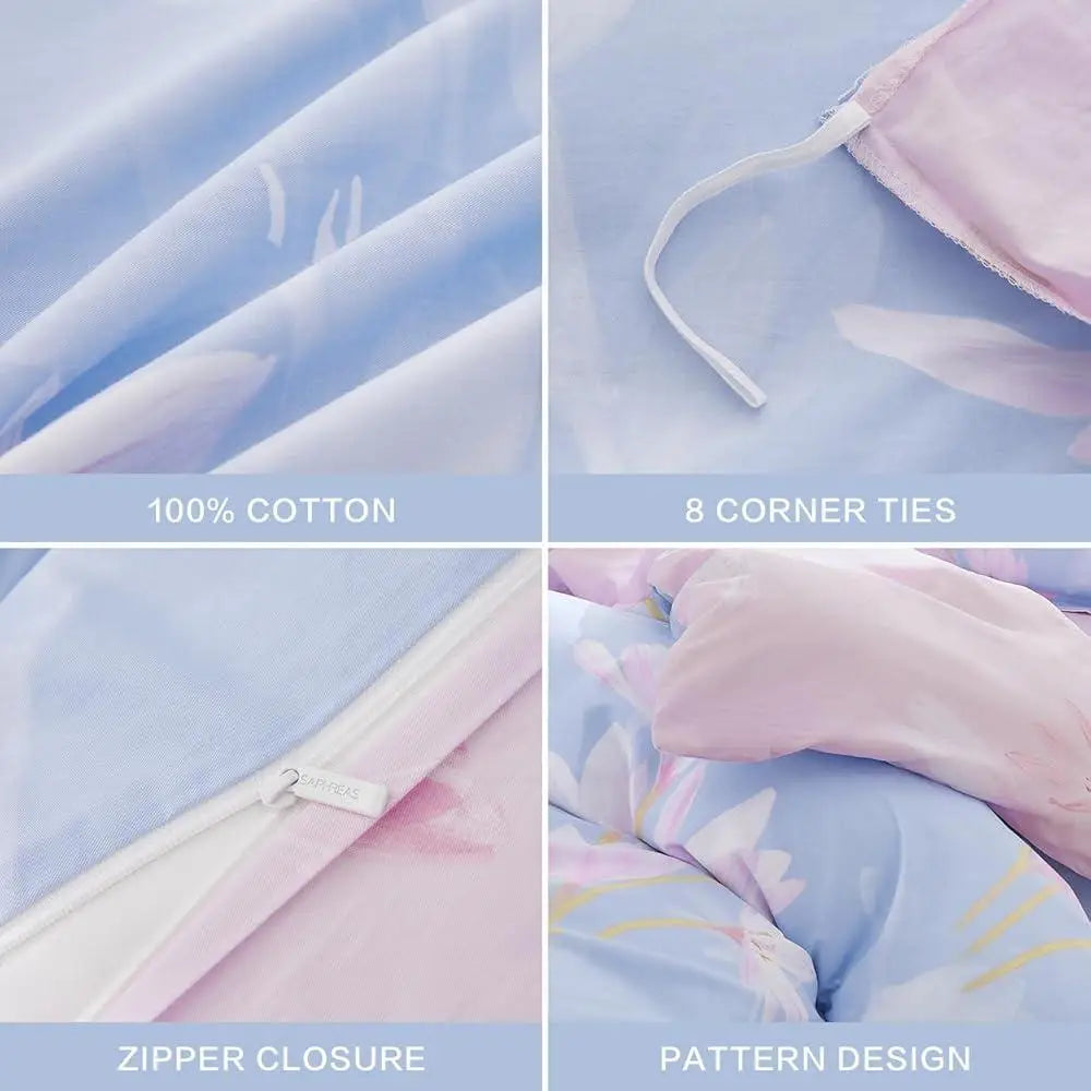 Floral Cotton Duvet Cover Set Full Size 3pcs Magnolia Blossom Printed Comforter Cover Soft Durable Machine Washable Bedding