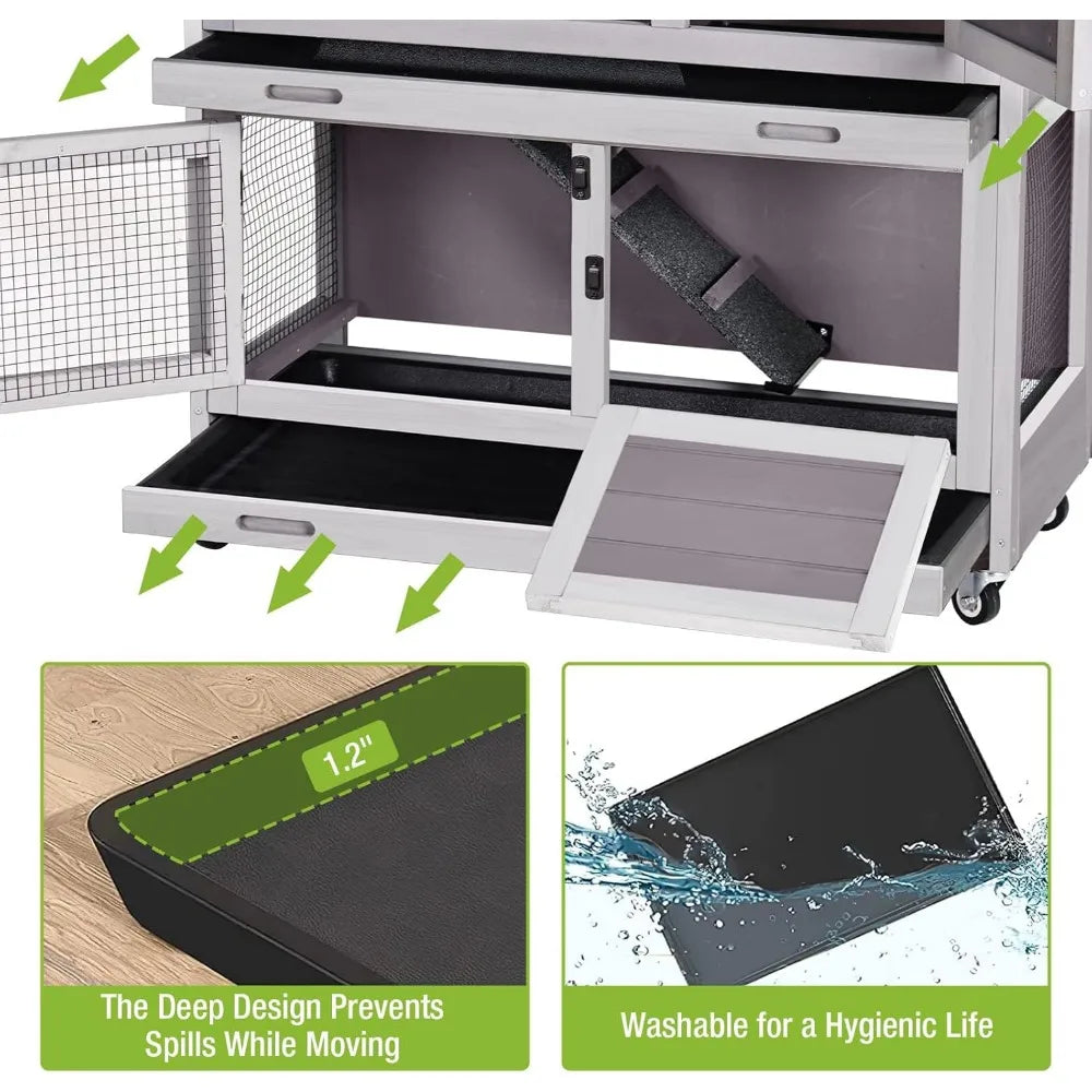 Rabbit Hutch Bunny Cage with 4 Casters Indoor Two-Story Wood Pet Cage with 2 Trays and Deep Pull-Out Liners - Joanie B 25