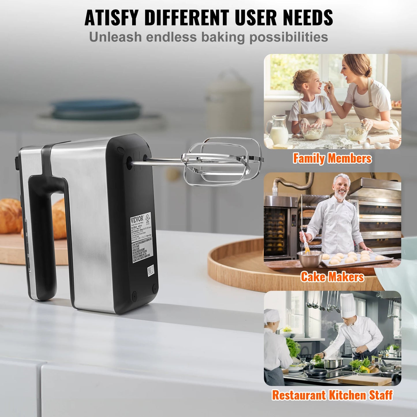 VEVOR Cordless Electric Hand Mixer Continuously Variable Electric Handheld Mixer Baking for Whipp Mixing Egg Cookie Cake Cream