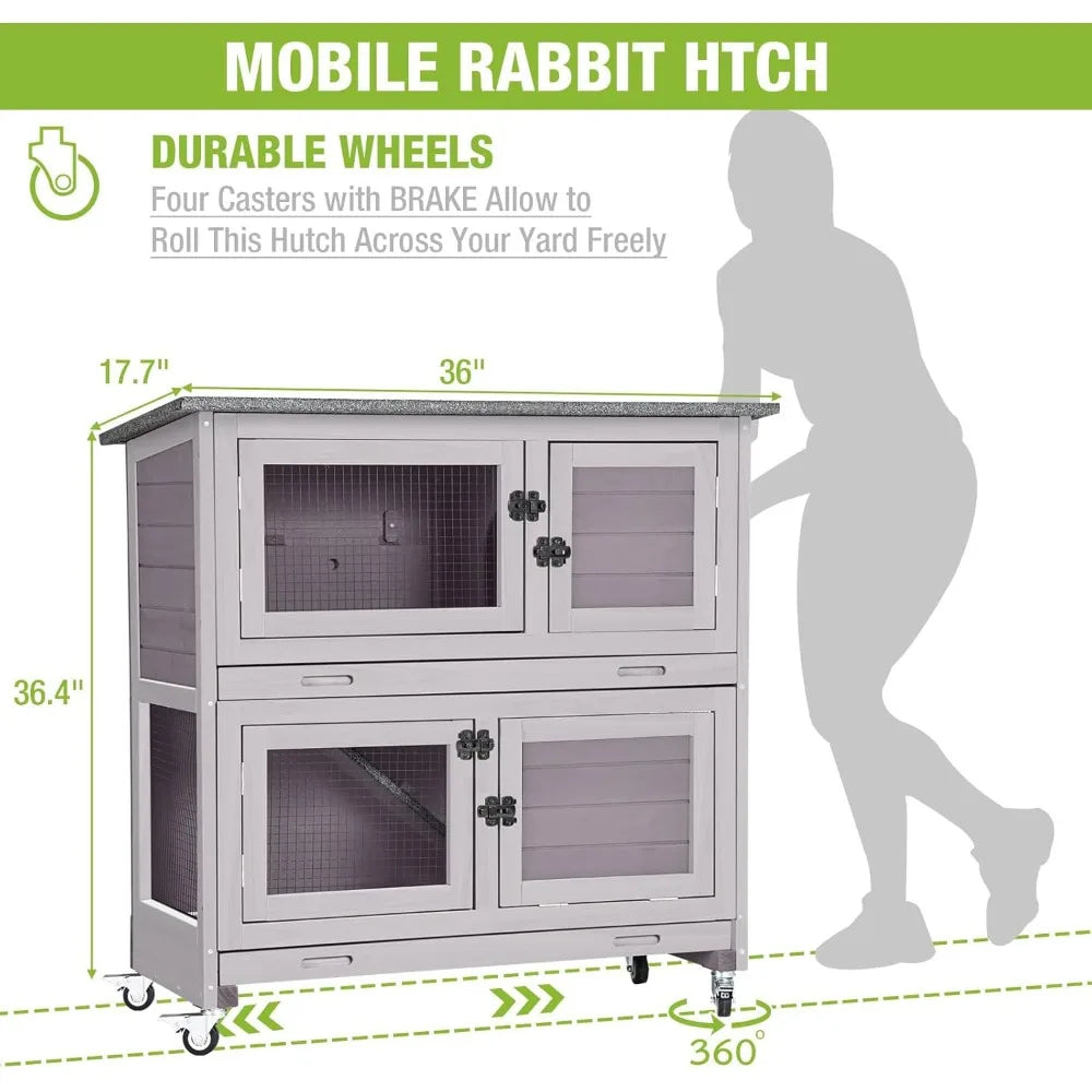 Rabbit Hutch Bunny Cage with 4 Casters Indoor Two-Story Wood Pet Cage with 2 Trays and Deep Pull-Out Liners - Joanie B 25