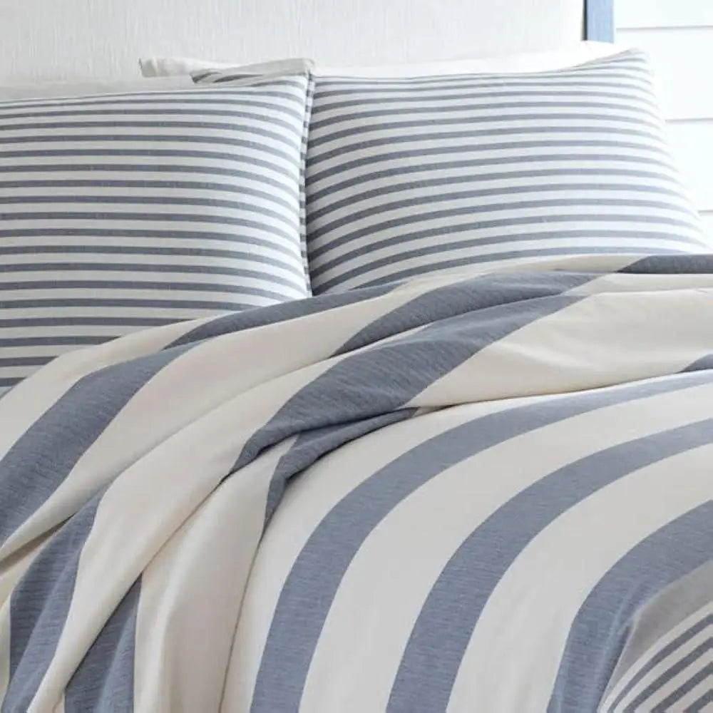 Cotton Twin Duvet Cover Set Reversible Bedding Matching Sham Mediterranean Stripe Design Heavyweight Herringbone Weave All