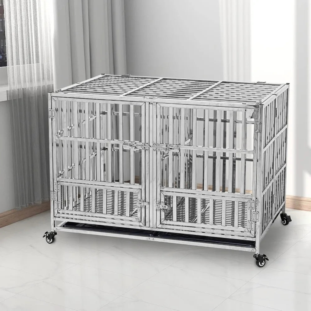 48 Inch Heavy Duty Foldable Stackable Stainless Steel Dog Cage with Floor Grid Tray and Divider - Joanie B 25