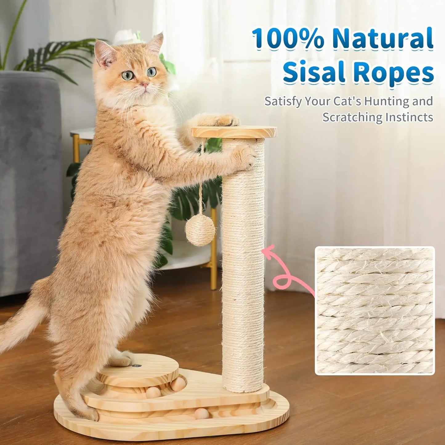 Made4Pets Cat Scratcher, Scratching Post for Indoor Cats with Stable Widen Base, 18.9" Tall Wood Ball Toy with 2-Level Track for Fun - Joanie B 25