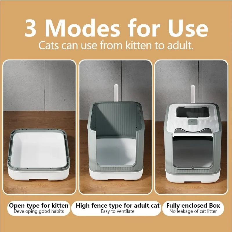 Fully Enclosed Cat Litter Box Top Entry Upgraded Covered with Lid Anti Splashing Easy to Clean Kitty Box White and Grey - Joanie B 25