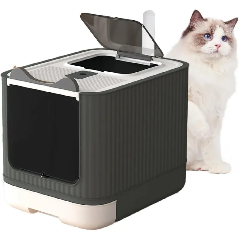 Fully Enclosed Cat Litter Box Top Entry Upgraded Covered with Lid Anti Splashing Easy to Clean Kitty Box White and Grey - Joanie B 25