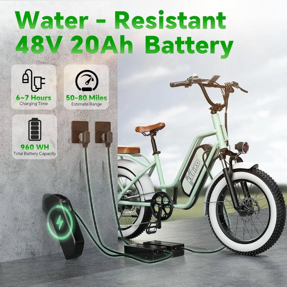 Two Seater Electric Bike with 48V 20AH Removable Battery and 20x4.0 Fat Tires for Adults Max Range 80 Miles and Speed Up to 30 MPH - Joanie B 25