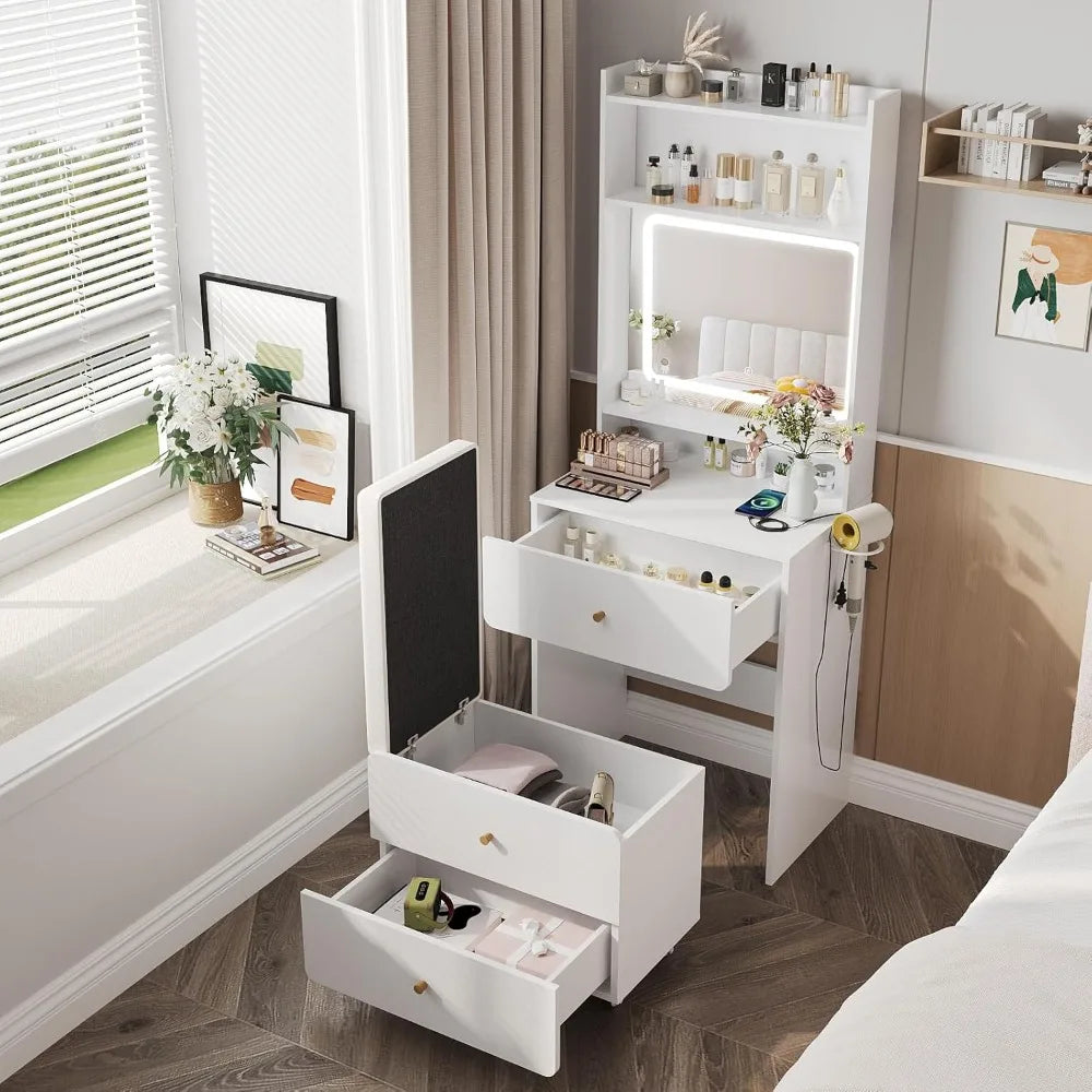 Make Up Vanity Desk with Mirror and Lights White Vanity Table Set with Charger Station Girls Small Vanity and Storage C - Joanie B 25