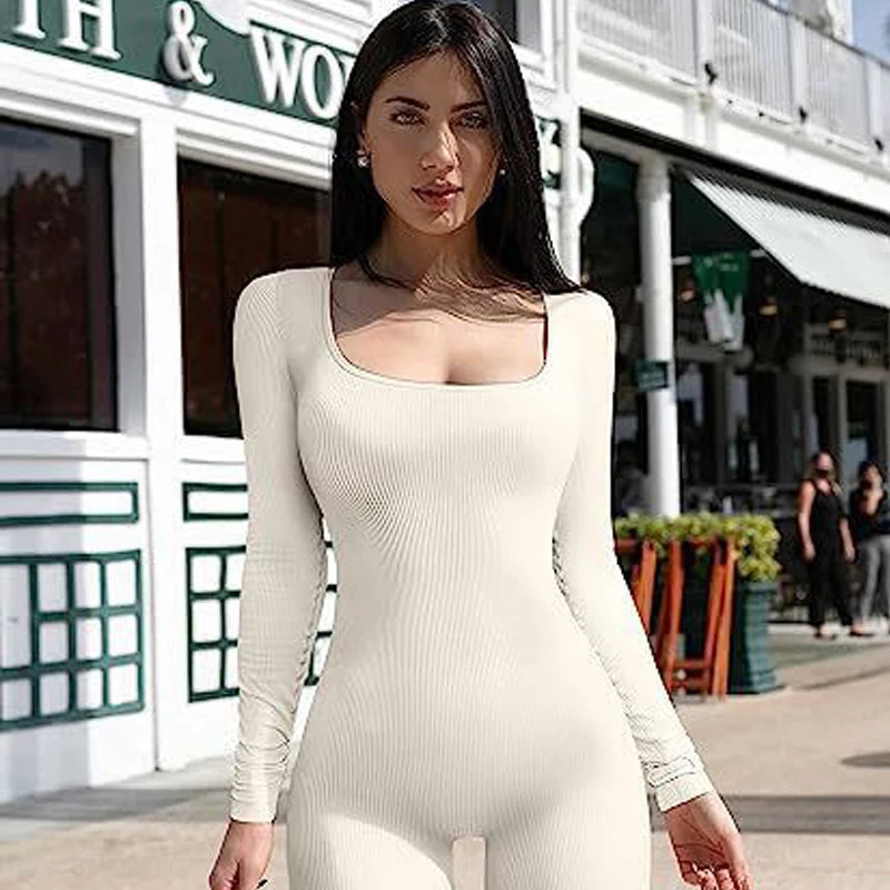 Women's Yoga Sports Fitness Jumpsuit with Long Sleeve Square Collar for Workout and Casual Wear - Joanie B 25