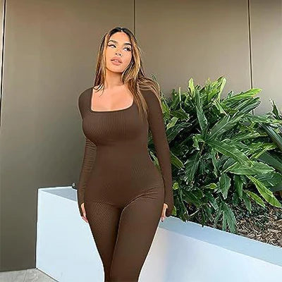 Women's Yoga Sports Fitness Jumpsuit with Long Sleeve Square Collar for Workout and Casual Wear - Joanie B 25
