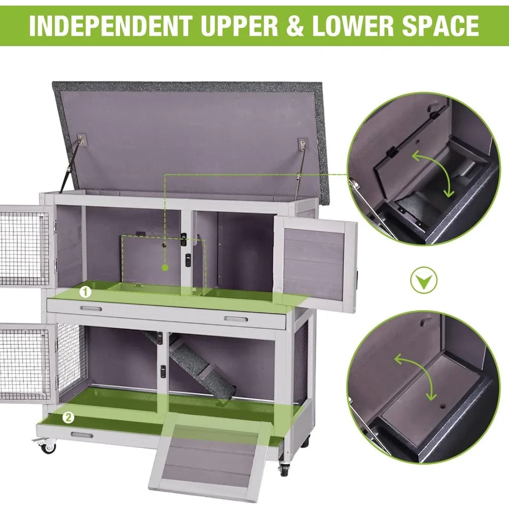 Rabbit Hutch Bunny Cage with 4 Casters Indoor Two-Story Wood Pet Cage with 2 Trays and Deep Pull-Out Liners - Joanie B 25