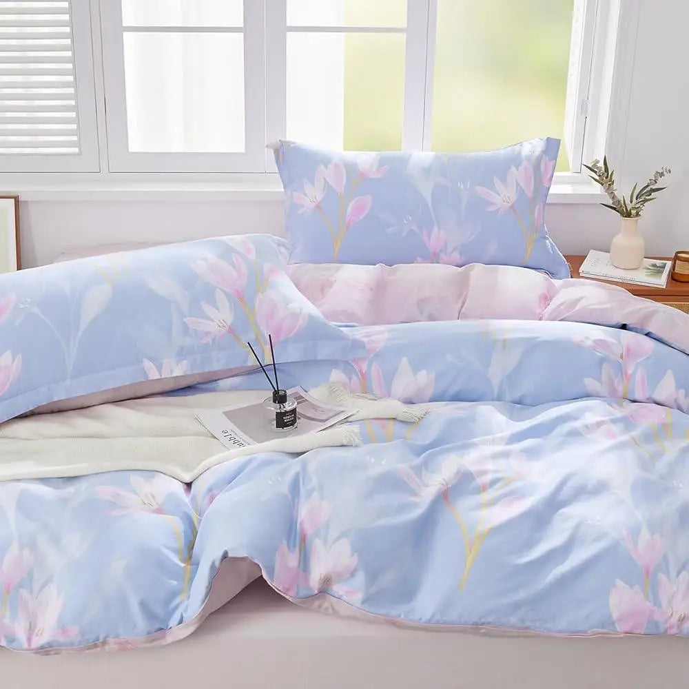 Floral Cotton Duvet Cover Set Full Size 3pcs Magnolia Blossom Printed Comforter Cover Soft Durable Machine Washable Bedding