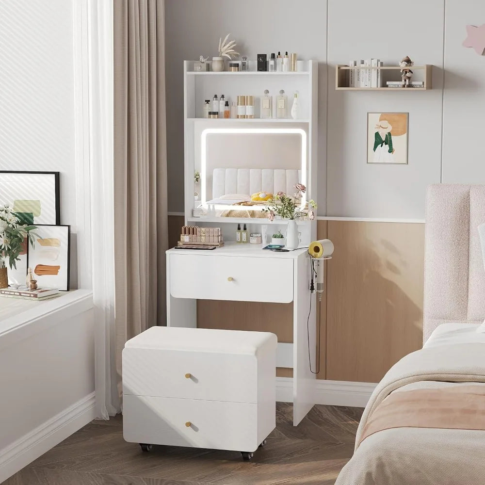 Make Up Vanity Desk with Mirror and Lights White Vanity Table Set with Charger Station Girls Small Vanity and Storage C - Joanie B 25
