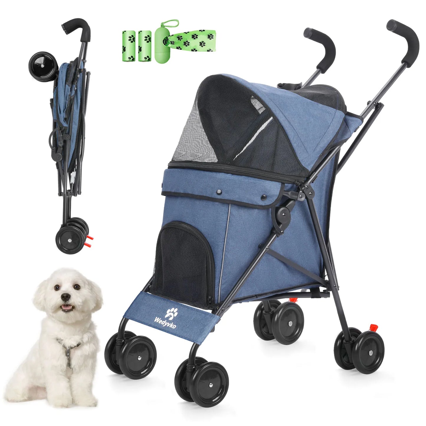 Pet Dog Stroller 4 Wheels Rotating Brakes Storage Travel