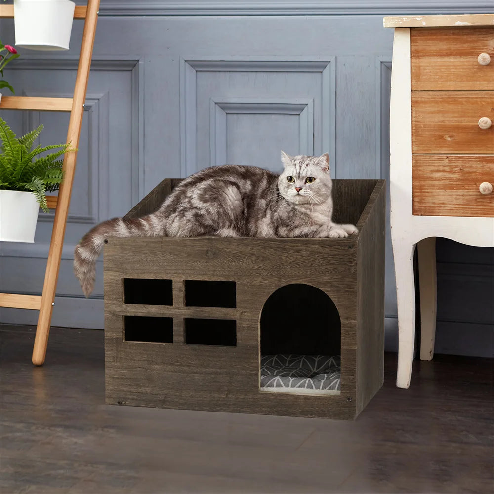 2 In 1 Wooden Cat House Puppy Rabbit Hideout Shelter Small Pet End Table Furniture with Soft Washable Cushion Indoor Outdoor - Joanie B 25