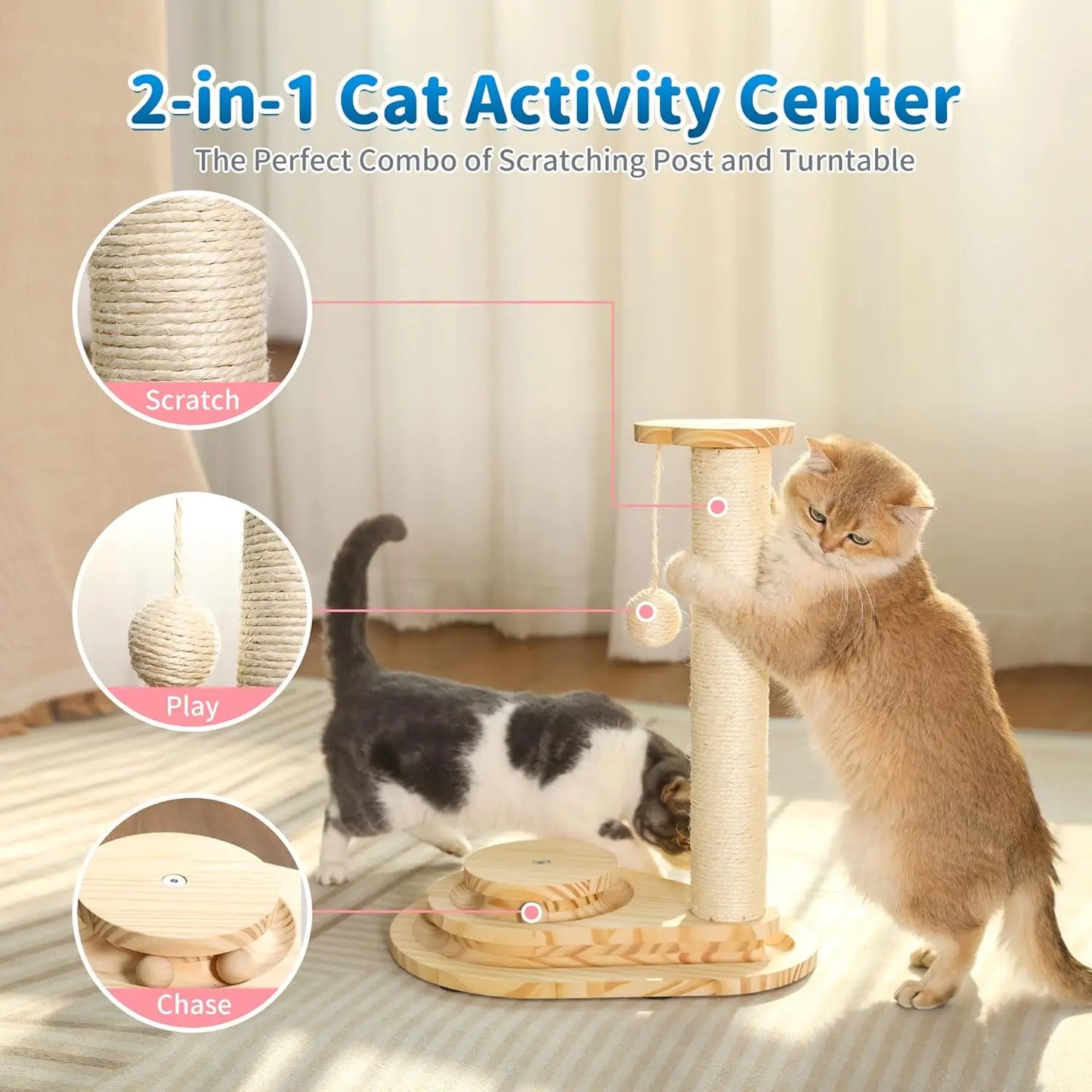 Made4Pets Cat Scratcher, Scratching Post for Indoor Cats with Stable Widen Base, 18.9" Tall Wood Ball Toy with 2-Level Track for Fun - Joanie B 25