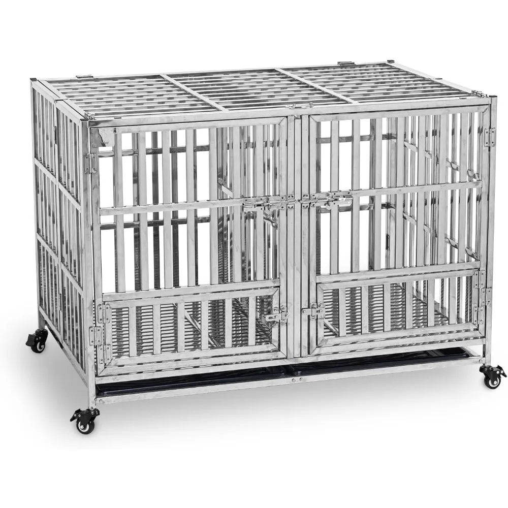 48 Inch Heavy Duty Foldable Stackable Stainless Steel Dog Cage with Floor Grid Tray and Divider - Joanie B 25