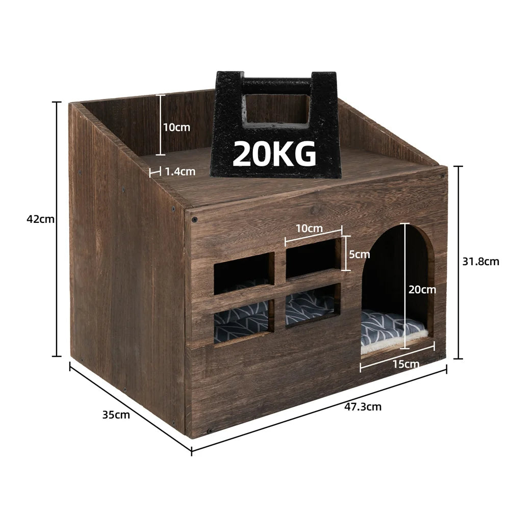 2 In 1 Wooden Cat House Puppy Rabbit Hideout Shelter Small Pet End Table Furniture with Soft Washable Cushion Indoor Outdoor - Joanie B 25