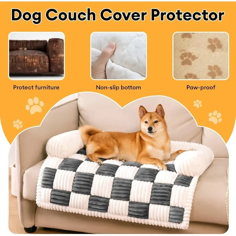 Pet Couch Covers for Dogs Plush Dog Bed Mat Furniture Protector Cream Square Plaid Cozy Washable Sofa Cover - Joanie B 25