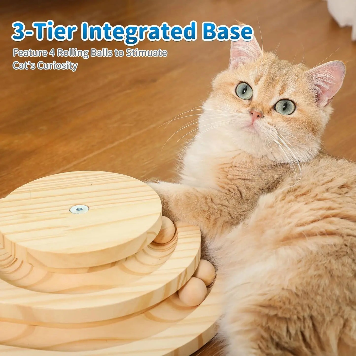 Made4Pets Cat Scratcher, Scratching Post for Indoor Cats with Stable Widen Base, 18.9" Tall Wood Ball Toy with 2-Level Track for Fun - Joanie B 25