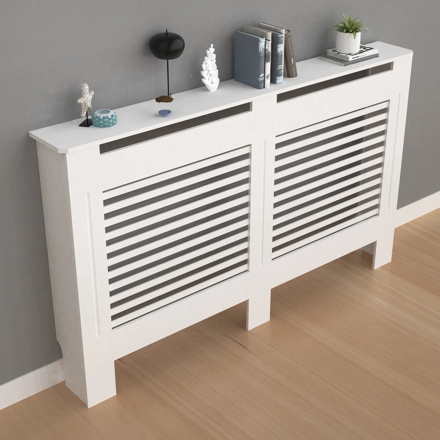 Wood Radiator Cover Cabinet White Horizontal Slat Heater Covers Modern Tall Radiator Shelf Minimalist Living Room Furniture