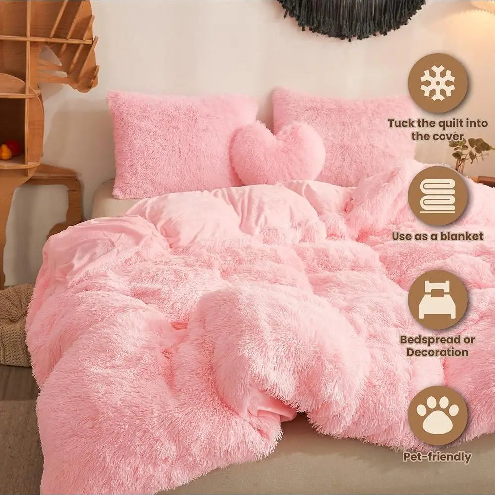 Luxury Shaggy Faux Fur Duvet Cover Set Soft Fluffy Comforter Cover 3 Piece Bedding Set Hidden Zipper Cozy Plush Touch