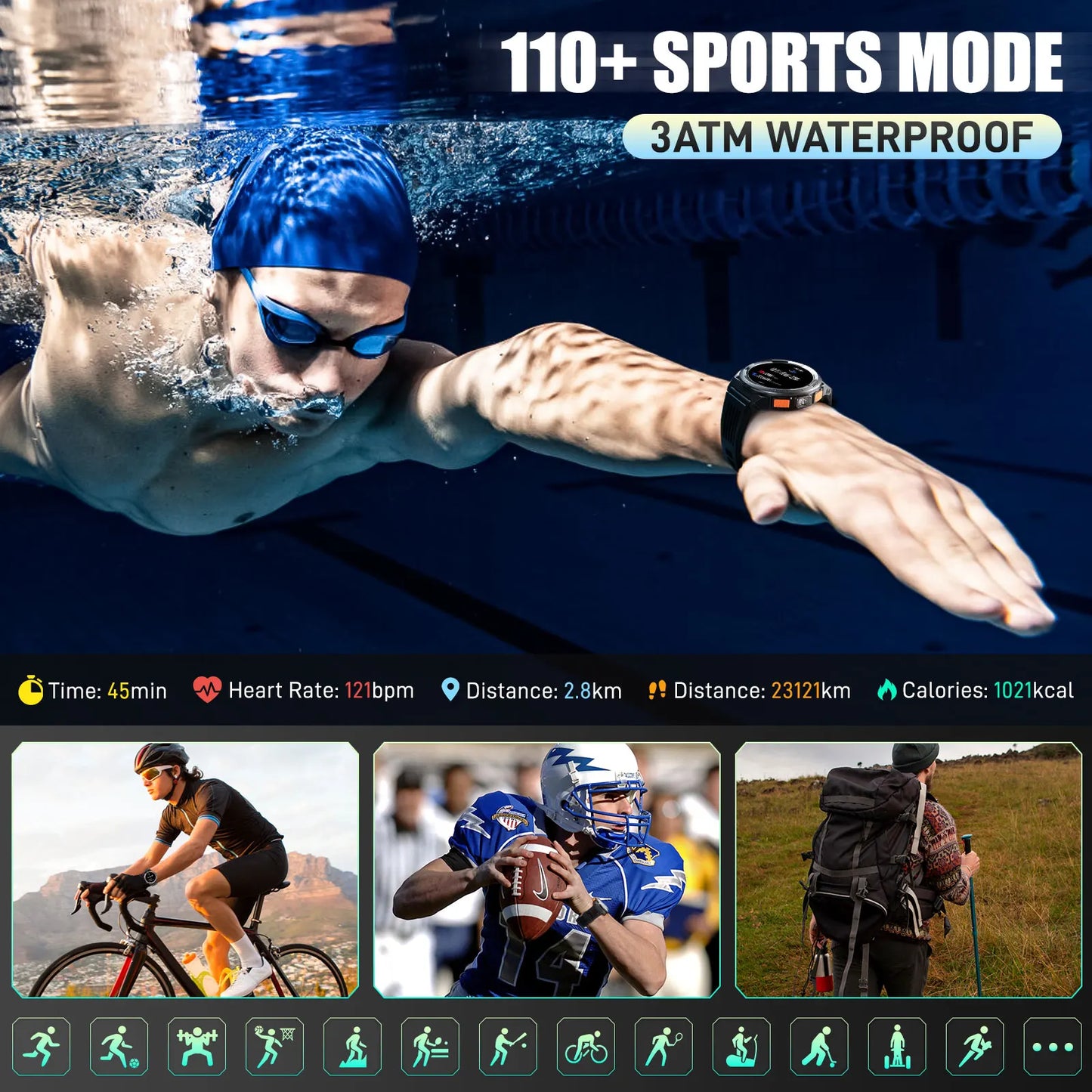 EIGIIS 1.45 Inch Smart Watch KE5 Waterproof Sports Watch with Compass Altimeter LED Flashlight - Joanie B 25
