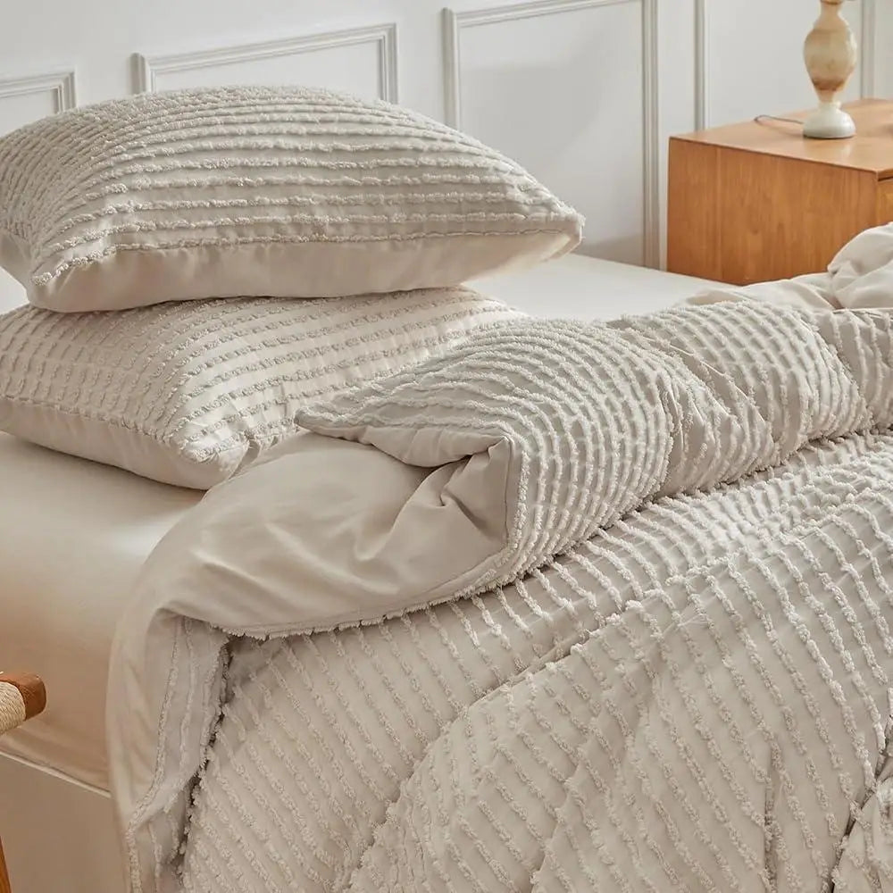 Boho Duvet Cover Set Queen Microfiber Lightweight Breathable 3PCS Ultra Soft Striped Tufted Bedding Set Hidden Zipper Design