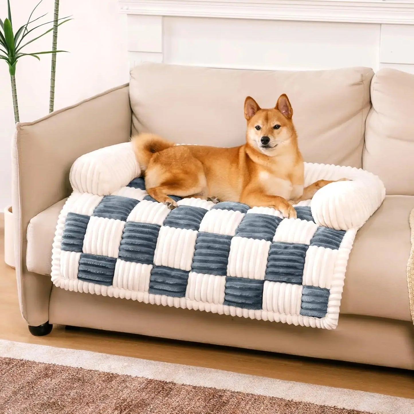Pet Couch Covers for Dogs Plush Dog Bed Mat Furniture Protector Cream Square Plaid Cozy Washable Sofa Cover - Joanie B 25