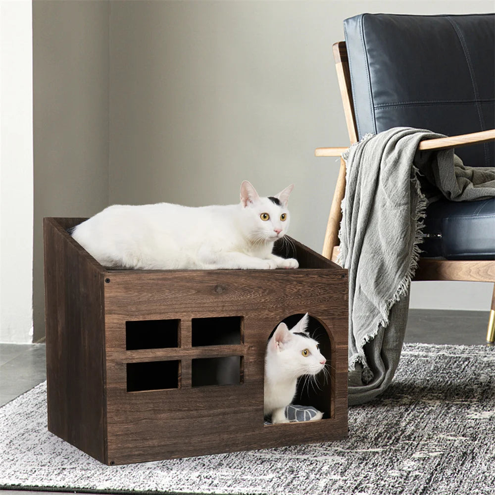 2 In 1 Wooden Cat House Puppy Rabbit Hideout Shelter Small Pet End Table Furniture with Soft Washable Cushion Indoor Outdoor - Joanie B 25