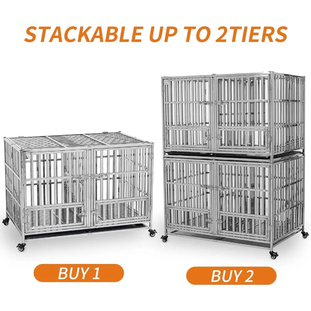 48 Inch Heavy Duty Foldable Stackable Stainless Steel Dog Cage with Floor Grid Tray and Divider - Joanie B 25