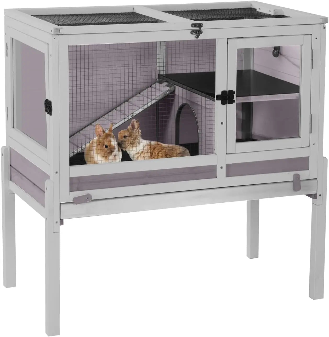 Rabbit Hutch with Stand Wooden Bunny Cage Indoor 2 Story Guinea Pig House with Anti Chew Ramp No Leak Tray Hideout and Wire Mesh - Joanie B 25