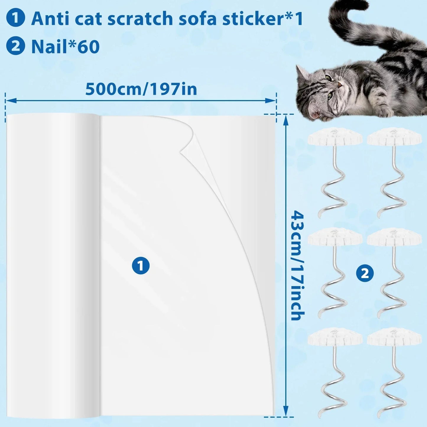 45x500cm Transparent PVC Cat Anti Scratch Tape Self-Adhesive Furniture Protector with 60 Nails and Accessories - Joanie B 25