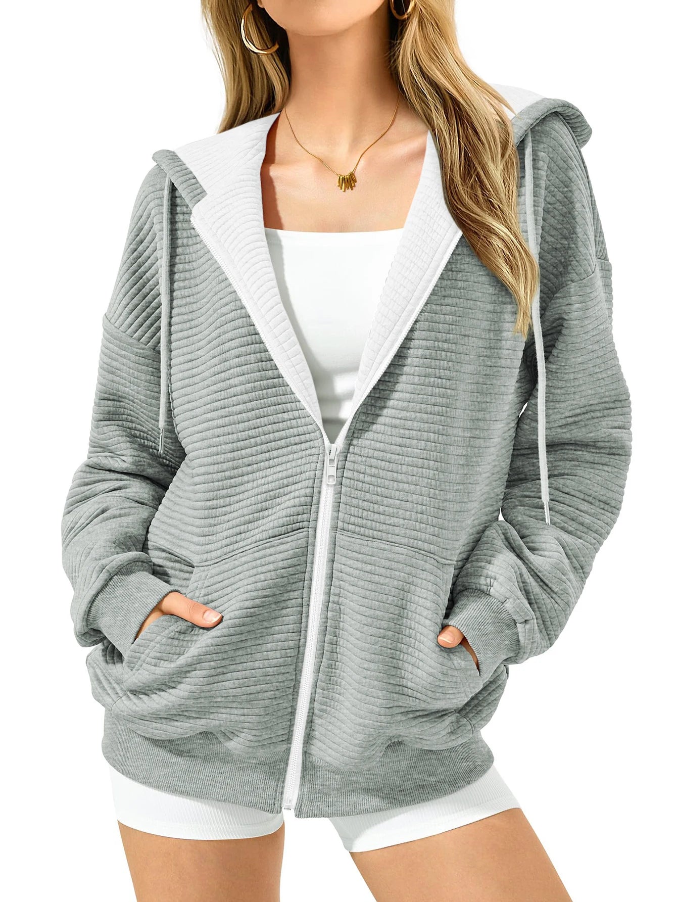 Simple Versatile Zip Up Hoodie Long Sleeve Sweatshirt for Fall Outfits Oversized Casual Fashion Solid Color Comfy Jacket - Joanie B 25