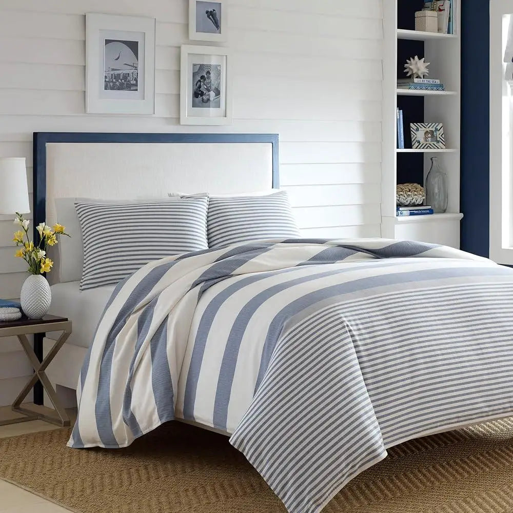 Cotton Twin Duvet Cover Set Reversible Bedding Matching Sham Mediterranean Stripe Design Heavyweight Herringbone Weave All