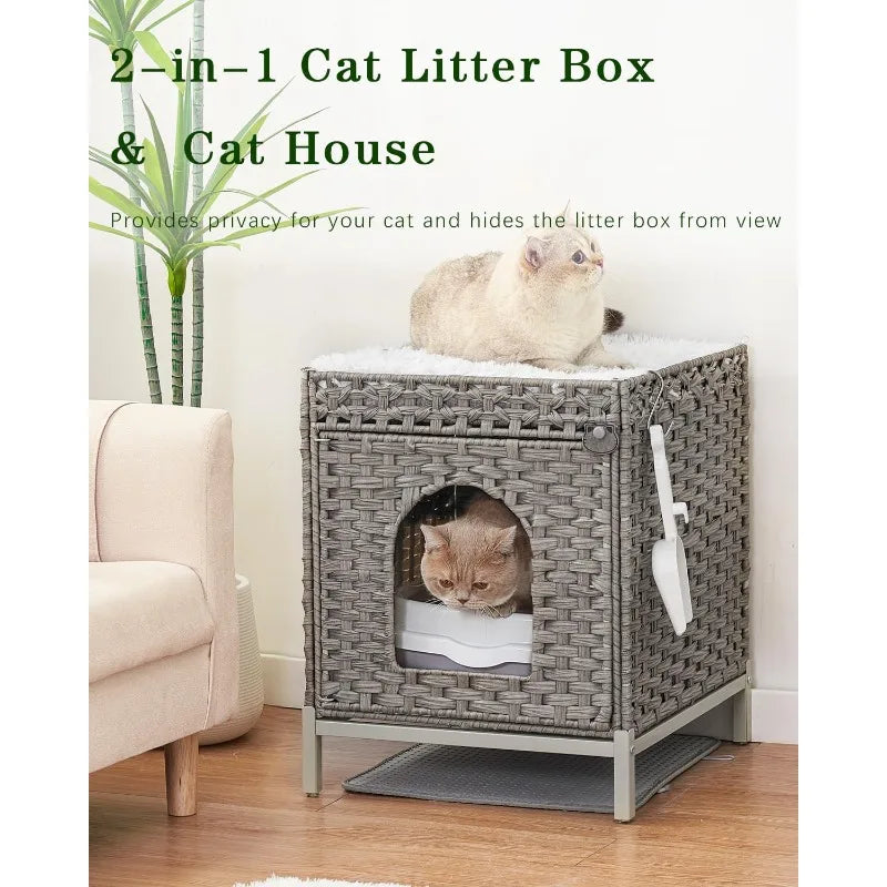 Cat Litter Box Enclosure Hidden Furniture with Metal Heightened Feet Rattan Handwoven Cat House and Litter Mat - Joanie B 25
