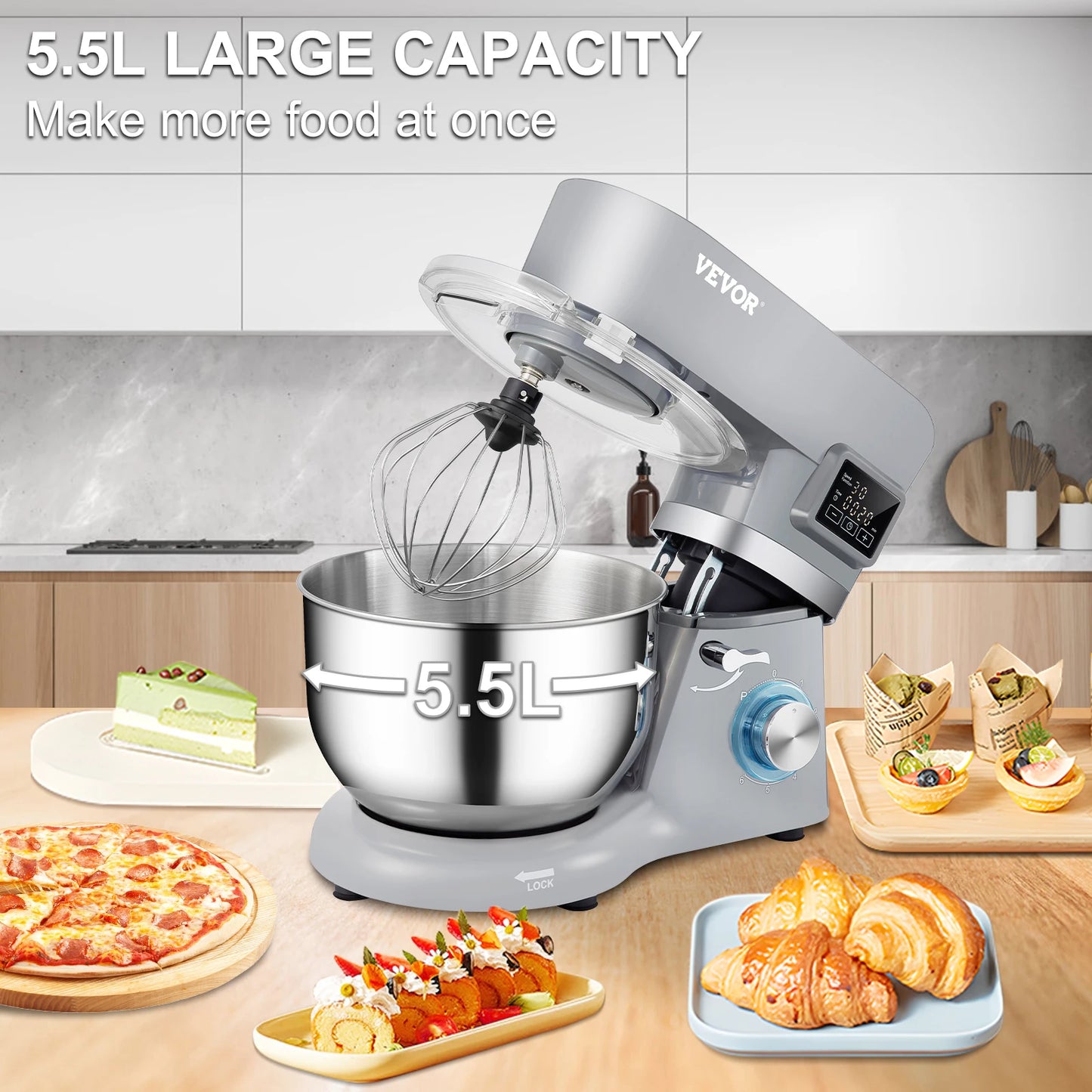 VEVOR 5.5/7L Electric Stand Mixer with 6 Speeds LCD Screen Timing Food Mixer Cream Egg Whisk Whip Dough Kneader with Steel Bowl - Joanie B 25