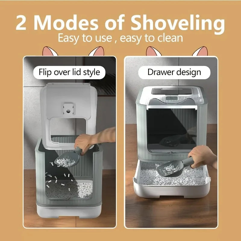 Fully Enclosed Cat Litter Box Top Entry Upgraded Covered with Lid Anti Splashing Easy to Clean Kitty Box White and Grey - Joanie B 25