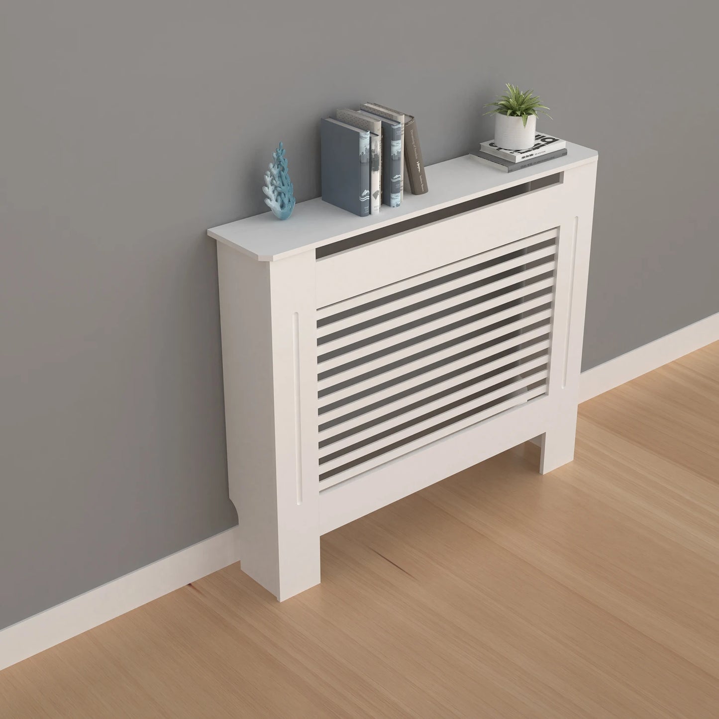 Wood Radiator Cover Cabinet White Horizontal Slat Heater Covers Modern Tall Radiator Shelf Minimalist Living Room Furniture