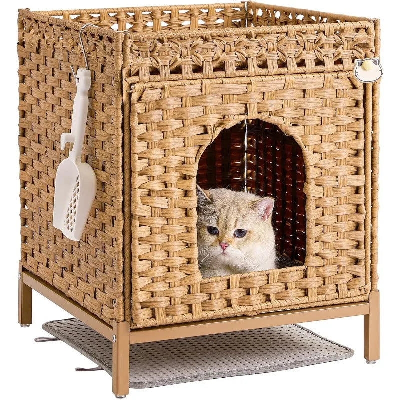 Cat Litter Box Enclosure Hidden Furniture with Metal Heightened Feet Rattan Handwoven Cat House and Litter Mat - Joanie B 25