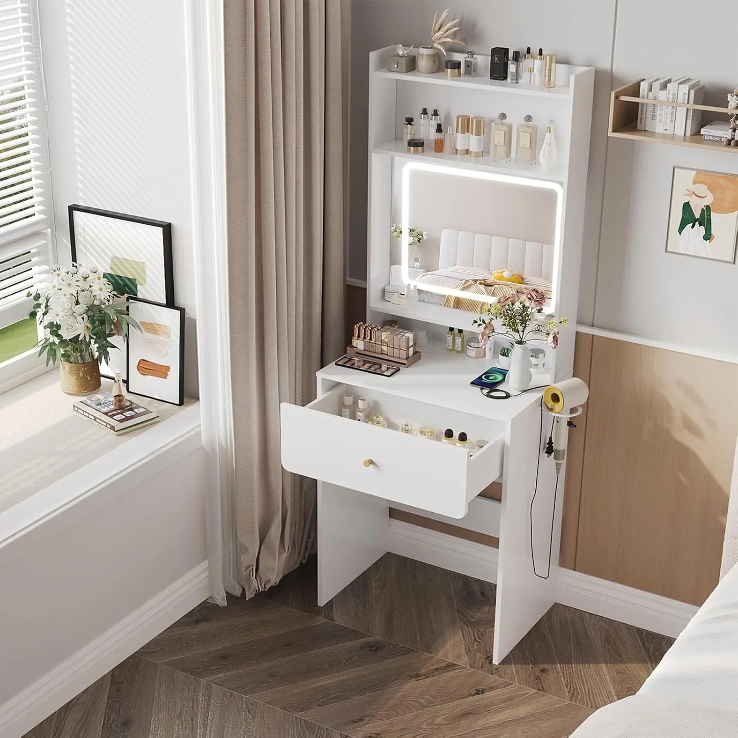 Make Up Vanity Desk with Mirror and Lights White Vanity Table Set with Charger Station Girls Small Vanity and Storage C - Joanie B 25