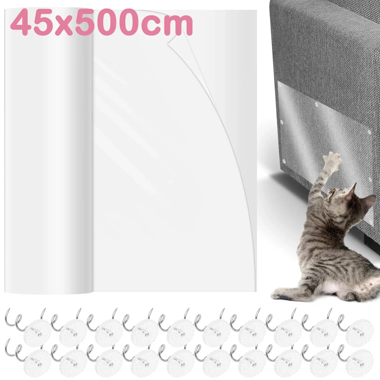 45x500cm Transparent PVC Cat Anti Scratch Tape Self-Adhesive Furniture Protector with 60 Nails and Accessories - Joanie B 25
