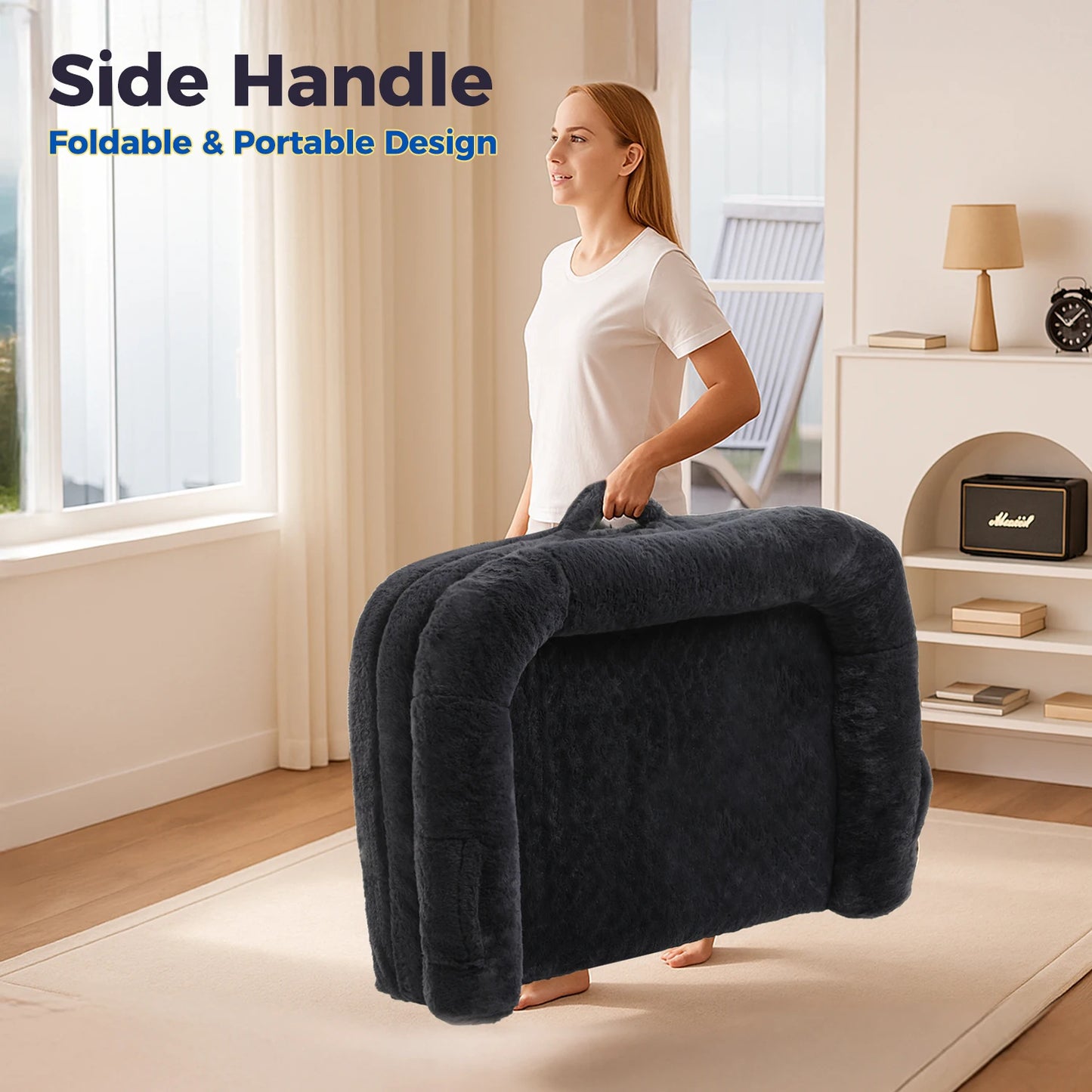 Foldable Portable Dog Bed Machine Washable Grey Faux Fur