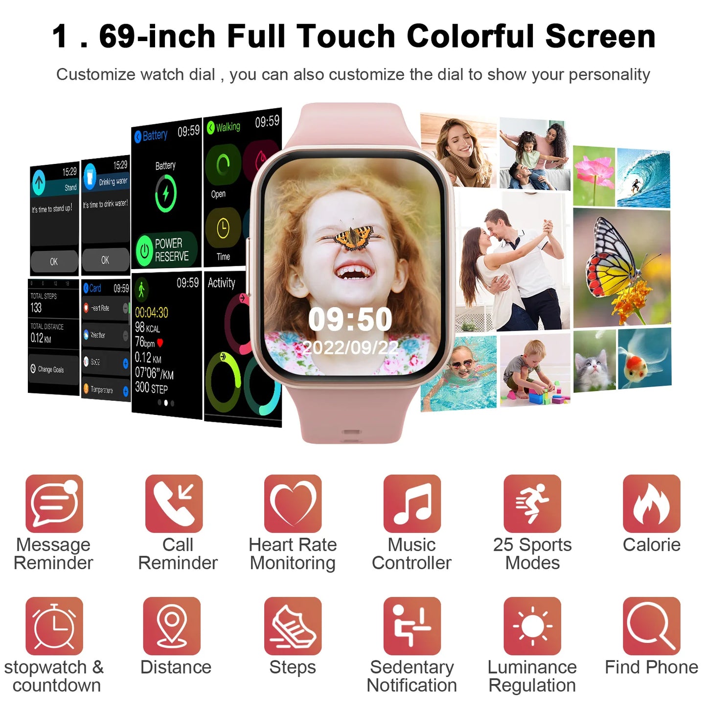 Smart Watch Fitness Tracker for Men and Women 1.69 Inch Touchscreen Pedometer Sleep Monitor Waterproof - Joanie B 25