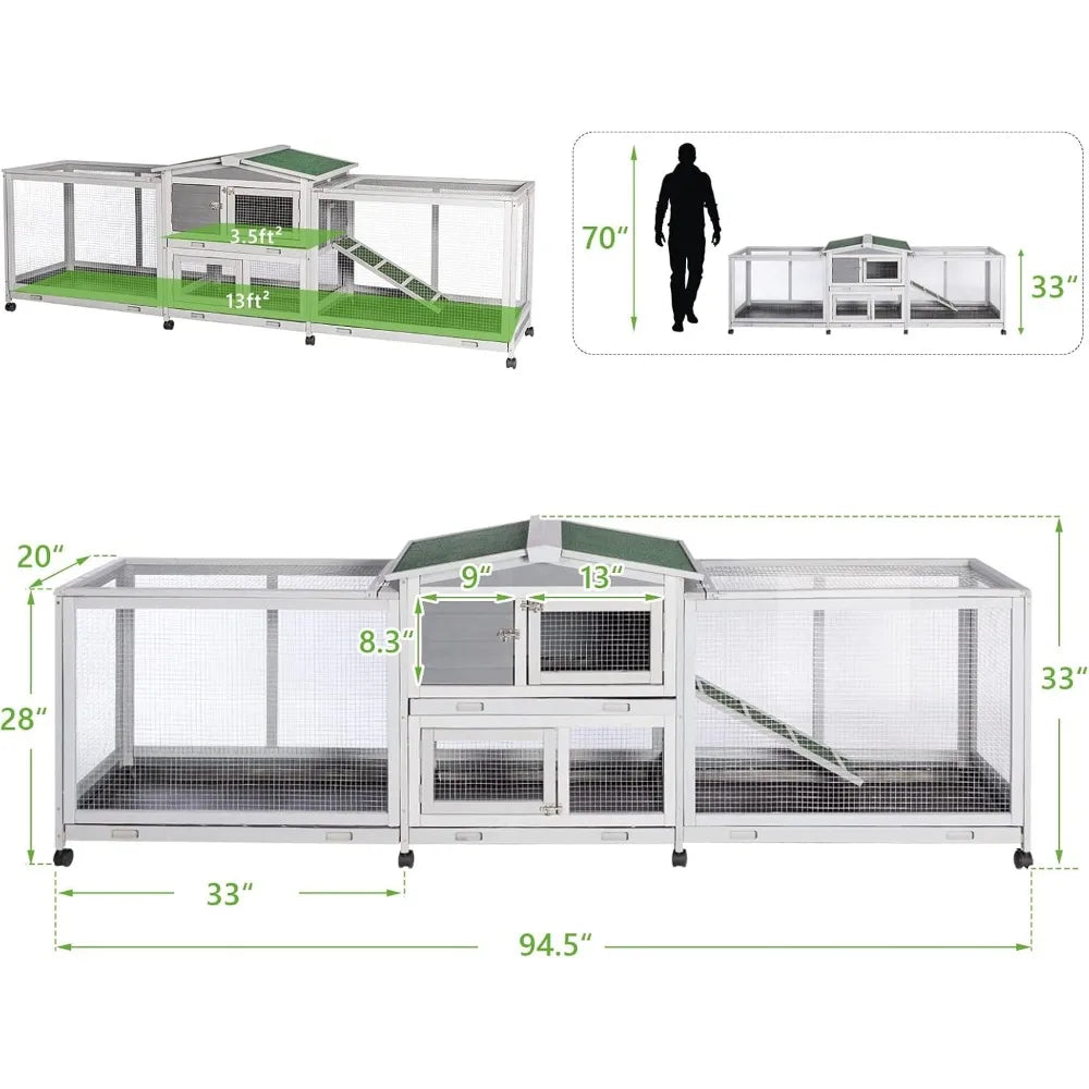 94.5 Inch Rabbit Hutch with Eight Wheels Two Run Wooden Bunny Cage Outdoor Small Animal House with Removable Features - Joanie B 25