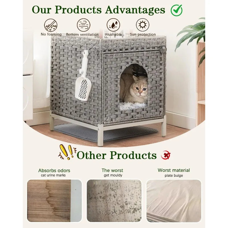 Cat Litter Box Enclosure Hidden Furniture with Metal Heightened Feet Rattan Handwoven Cat House and Litter Mat - Joanie B 25