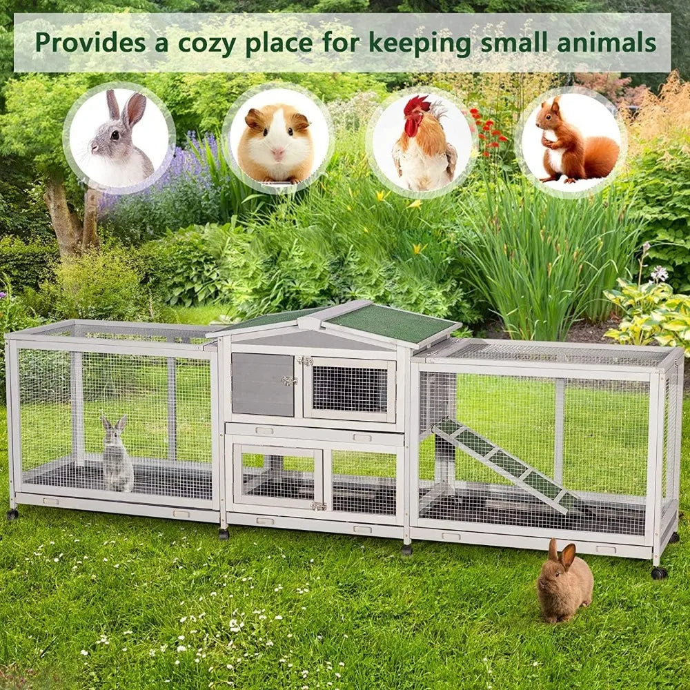 94.5 Inch Rabbit Hutch with Eight Wheels Two Run Wooden Bunny Cage Outdoor Small Animal House with Removable Features - Joanie B 25
